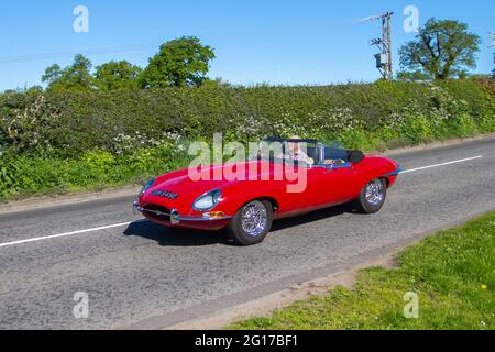 1967 60s rotes Jaguar Cabriolet, 4235cc auf dem Weg zur Capesthorne Hall classic May Car Show, Ceshire, Großbritannien Stockfoto