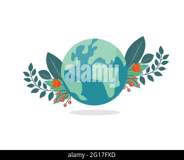 Alles Gute Zum Muttertag Der Erde. Globus Planet Erde mit Pflanzen und Blumen. Pflege für die Natur Konzept. Vektorgrafik Stock Vektor