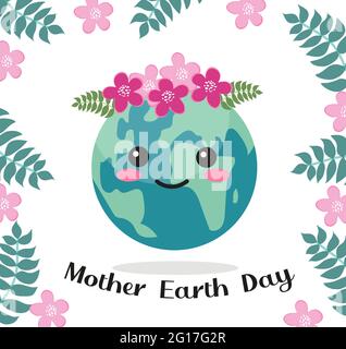 Alles Gute Zum Muttertag Der Erde. Globe Planet Erde mit Lächeln Emoji. Pflege für die Natur Konzept. Vektorgrafik Stock Vektor