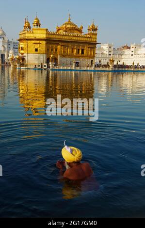 Indien, Penjab, Amritsar, Harmandir Sahib (Goldener Tempel), spirituelles und kulturelles Zentrum der Sikh Religion Stockfoto
