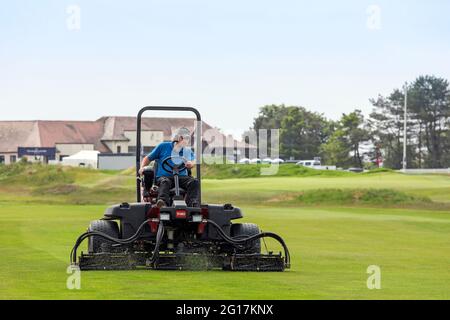 05. Juni 2021, Troon. Der Kilmarnock (Barassie) Golf Club und die „R and A“ bereiten den Barassie Links Course vor, um für die 118. Amateur Golf Championship der Damen, die am 7. Juni beginnt, mit den letzten Runden am 12. Juni, bereit zu sein. Der Wettbewerb, der unter strengen Auflagen ausgetragen wird, hat mehr als 100 nationale und internationale Teilnehmer angezogen, die um die historische Trophäe und die Teilnahme an den AIG Womens Open, den US Womens Open, den Evian Championships und den Augusta National Womens Amateur Championships konkurrieren, Credit: Findlay/Alamy Live News Stockfoto