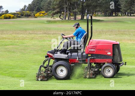 05. Juni 2021, Troon. Der Kilmarnock (Barassie) Golf Club und die „R and A“ bereiten den Barassie Links Course vor, um für die 118. Amateur Golf Championship der Damen, die am 7. Juni beginnt, mit den letzten Runden am 12. Juni, bereit zu sein. Der Wettbewerb, der unter strengen Auflagen ausgetragen wird, hat mehr als 100 nationale und internationale Teilnehmer angezogen, die um die historische Trophäe und die Teilnahme an den AIG Womens Open, den US Womens Open, den Evian Championships und den Augusta National Womens Amateur Championships konkurrieren, Credit: Findlay/Alamy Live News Stockfoto