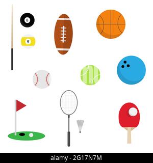 Set von Sportgeräten wie Bällen und Schlägen Stockfoto