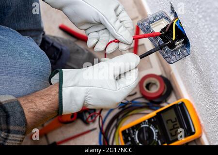 Blick von oben. Elektriker bei der Arbeit mit dem Tester misst die Spannung in einem elektrischen System. Sicheres Arbeiten mit Schutzhandschuhen. Konst Stockfoto