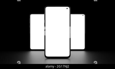 Nachbau von drei Mobiltelefonen mit Vorderansicht und schwarzem Hintergrund. Spiegelung der Bildschirme auf dem Boden. Ideal für die Platzierung von Beispielen für Webdesign Stockfoto