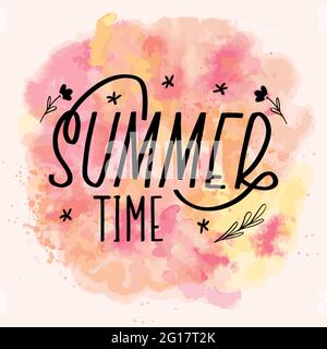 Kalligraphiekarte mit Schriftzug für die Sommerzeit. Vektorgrafiken. Schwarzer Text mit Elementen auf Aquarellhintergrund. EPS 10 Stock Vektor