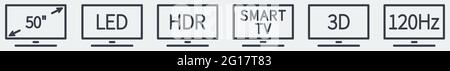 Satz einfacher Symbole für die TV-Technologie, schwarzer Text auf stilisiertem rechteckigem Bildschirm Stock Vektor