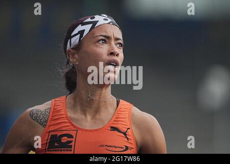 Braunschweig, Deutschland. Juni 2021. Leichtathletik: Deutsche Meisterschaften, Entscheidung, 100m Frauen: Tatjana Pinto in Aktion. Quelle: Michael Kappeler/dpa/Alamy Live News Stockfoto