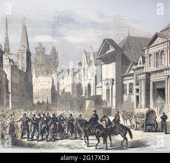 Invasion der deutschen Truppen in Amiens nach der Schlacht von Moreuil am 28. November 1870, Frankreich, Deutsch-Französischer Krieg 1870/1871 / Einmarsch der deutschen Truppen in Amiens nach der Schlacht von Moreuil am 28. November 1870, Frankreich, Deutsch-Französischer Krieg 1870/1871, historische, digital verbesserte Reproduktion eines Originals aus dem 19. Jahrhundert / digitale Reproduktion einer Originalvorlage aus dem 19ten Jahrhundert. Jahrhundert, Originaldatum nicht bekannt, Kolorierung, koloriert, handkoloriert, Handkolorierung, handfarbig, farbig Stockfoto