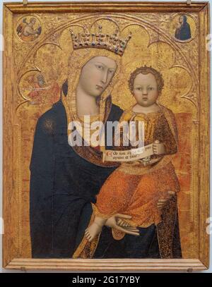 Andrea Vanni, Madonna mit Kind und Lukas-Evangelist, 1390, Tempera und Gold auf Holzplatte, Uffizien, Florenz, Italien. Stockfoto