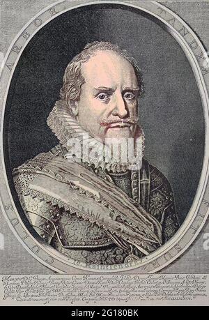 Maurice von Oranien, bekannt als Maurice von Nassau, 14. November 1567 - 23. April 1625, war frühestens von 1585 bis zu seinem Tod Stadtolder aller Provinzen der Niederländischen Republik mit Ausnahme von Friesland, Gravieren von Delff 1625, nach einem Gemälde von Miereveld / Maurice von Oranien, Er war bekannt als Maurice von Nassau, 14. 1567. - 23. November. April 1625, war frühestens ab 1585 bis zu seinem Tod Stadthalter aller Provinzen der Niederländischen Republik mit Ausnahme von Friesland, Stich von Delff 1625, nach einem Gemälde von Miereveld, historical, digital improved reproduction of an origina Stockfoto