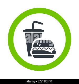 Fastfood erlaubt, trinken und essen grünes Zeichen mit Cocktail und Hamburger-Symbol auf weißem Hintergrund Stock Vektor