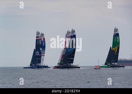 Taranto, Italien. Juni 2021. F50 Dritter Start beim Sail Grand Prix 2021 (Tag 1), Segelrennen in Taranto, Italien, Juni 05 2021 Quelle: Independent Photo Agency/Alamy Live News Stockfoto