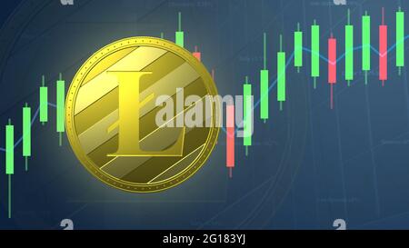 Litecoin Münzsymbol auf gelbem Geld mit handellichem graphischem Konzept einer Geschäftsidee mit blauem Hintergrund. Abstrakte Goldlite-Münze auf dem Stock Trad Stockfoto