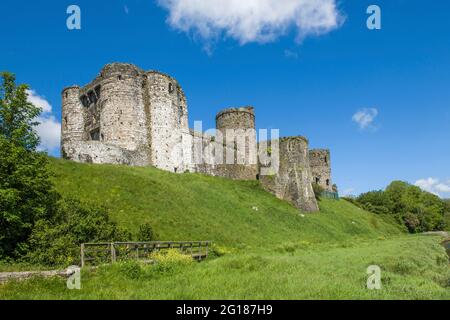 Blick auf das Schloss Cydweli von einem öffentlichen Fußweg aus, der dem Fluss Gwendraeth im Dorf Kidwelly folgt Stockfoto