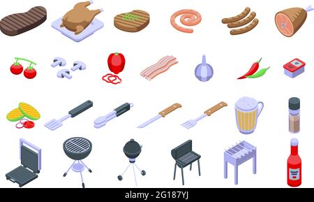 Symbole für Grillgerichte eingestellt. Isometrischer Satz von Vektorsymbolen für gegrillte Lebensmittel für Webdesign isoliert auf weißem Hintergrund Stock Vektor