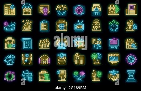 Symbole für Werbeagenten eingestellt. Skizzieren Sie Satz von Werbemittel Vektor-Symbole Neonfarbe auf schwarz Stock Vektor