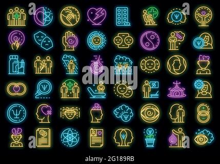 Symbole für Psychologen eingestellt. Umreißen Satz von Psychologen Vektor-Icons Neonfarbe auf schwarz Stock Vektor