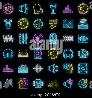 Akustiksymbole eingestellt. Skizzieren Sie eine Reihe von Akustik-Vektor-Symbole Neonfarbe auf schwarz Stock Vektor