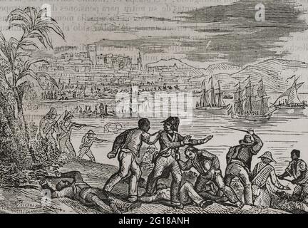 Anglo-Spanischer Krieg (1796-1802). Angriff auf Puerto Rico (1797). Durch den Vertrag von San Ildefonso im Jahr 1796 wurde Spanien ein Feind Großbritanniens. Die Briten schickten eine Flotte in die Karibik, um die Inseln Trinidad und Puerto Rico unter dem Kommando von Admiral Henry Harvey zu erobern. Sie erreichten die Kapitulation von Trinidad, wurden aber in Puerto Rico besiegt. Generalleutnant Sir Ralph Abercromby drang in die Insel Puerto Rico ein, die von den spanischen Truppen unter der Führung von Ramón de Castro und der von Rafael Conti kommandierten Miliz der Hauptstadt verteidigt wurde. Niederlage der Briten in Puerto Rico während der Schlacht von San Juan Stockfoto