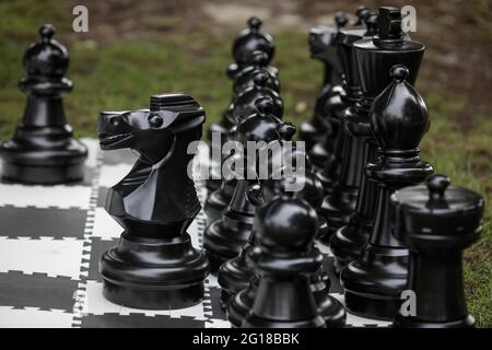 Bild mit geringer Schärfentiefe (selektiver Fokus) mit einem Gartenschach-Set. Stockfoto