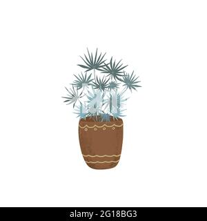 Palme-Heimpflanze mit grünen Blättern in einem trendigen braunen Tontopf isoliert Hand bemaltes Bild, einfache skandinavischen Stil digitale Illustration Interieur Design Stockfoto