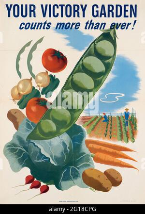 Ein klassisches amerikanisches Plakat aus dem 2. Weltkrieg, das die Lebensmittelproduktion mit einem Victory Garden fördert Stockfoto