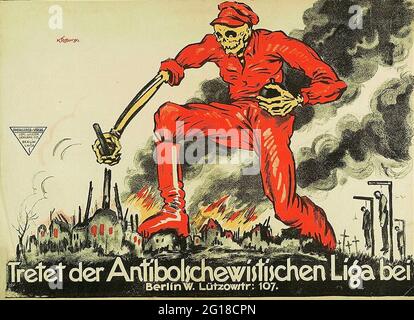 Ein deutsches antikommunistisches Plakat aus der Zeit 1919, auf dem der Tod in roter Kleidung über eine brennende Stadt mit dem Slogan „tritt der Anti-Bolschewistischen Liga bei“ zu sehen ist Stockfoto