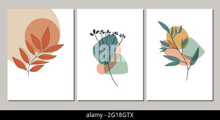 Minimalistisches Posterset im Boho-skandinavischen Stil. Vektorbanner mit abstrakter Laub-Kunst und handgezeichneten Formen. Gut für Wandkunst oder Cover-Druck. Stock Vektor