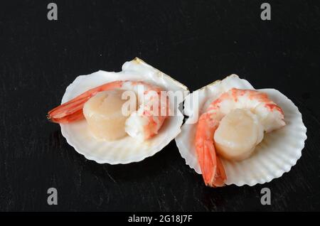 Rohe Jakobsmuschel mit einem gekochten Garnelenschwanz in einer Schale auf einer schwarzen Holzoberfläche. Selektiver Fokus. Stockfoto