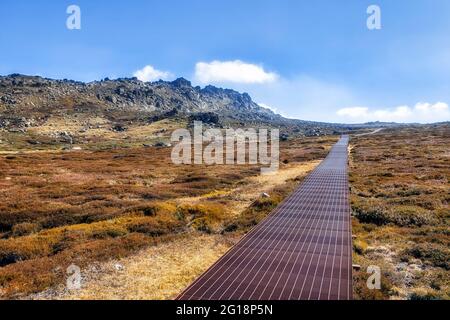 Erhöhte Promenade hoch in den Snowy Mountains von Australien - Wanderweg vom Dorf Thredbo zum Gipfel des Mt Kosciuszko. Stockfoto