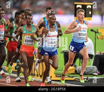 Andrew Butchart, Mo Farah (Silbermedaille), Muktar Edris (Goldmedaille). 5000 Meter Männer Finale. IAAF World Championships London 2017 Stockfoto