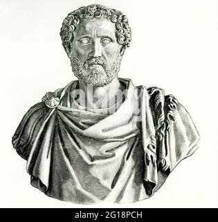 Diese Abbildung zeigt die Büste des Antoninus, die im Vatikan untergebracht ist. Titus Aelius Hadrianus Antoninus Pius war von 138 bis 161 römischer Kaiser. Er war einer der fünf guten Kaiser aus der Nerva-Antonine-Dynastie. Geboren in einer senatorialen Familie, bekleidete Antoninus während der Herrschaft von Kaiser Hadrian verschiedene Ämter. Stockfoto