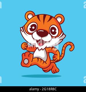 Cartoon niedlichen Tiger Charakter mit langen Schwanz läuft glücklich Stock Vektor