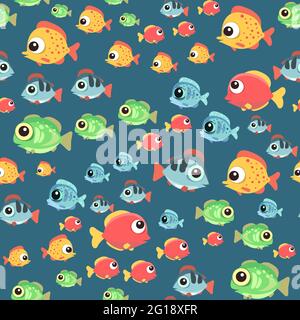 Lustige lustige Fische. Den Boden des Behälters. Meer. Unterwasserlandschaft mit Pflanzen, Algen und Korallen. Nahtlos. Illustration im Cartoon-Stil Stock Vektor