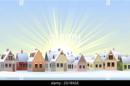 Winterstraße mit Schneeverwehungen. Ländliche Häuser. Sonnenaufgang. Ruhiger frostiger Morgen. Nahtlos. Die Dächer sind mit Schnee bedeckt. Landschaft auf dem Land. Flacher Cartoon Stock Vektor