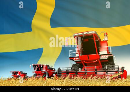 Industrielle 3D-Illustration von roten landwirtschaftlichen Mähdreschers auf dem Feld mit Schweden Flagge Hintergrund, Lebensmittelindustriekonzept Stockfoto