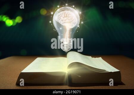 Gehirn in der Glühbirne, die auf dem Buch schwimmt. Weisheit, Wissen, Inspiration, Kreatives Denken Konzept. Stockfoto