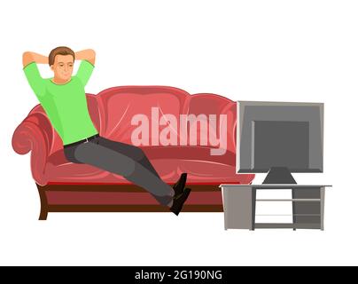 Kerl sitzt auf der Couch. Junger, hübscher Junge, der Fernsehen schaut. Ruhe. In Jeans, einem T-Shirt und Sneakers. Einzeln. Flacher Cartoon-Stil. Das Illustrat Stock Vektor