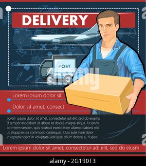 Lieferer mit Paket. Karton. Ein männlicher Kurier in Uniform lieferte ein Paket. Flacher Style. Postdienst. Banner. Verkehr. LKW und pla Stock Vektor