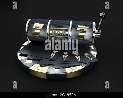 Spielautomat mit Roulette und Chip, Beschneidungspfad enthalten, 3d-Rendering Stockfoto