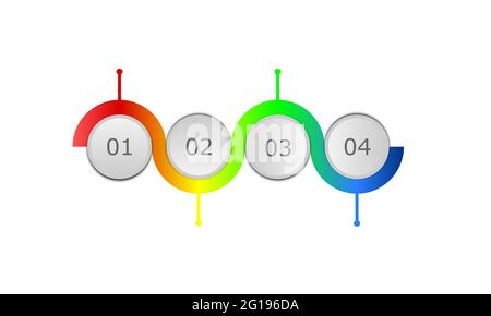 Eine farbenfrohe Infografik mit Wellenfluss, grafischer Darstellung mit kreisförmigem Zeichen mit numerischem Zeichen, isoliert auf weißem Hintergrund Stockfoto