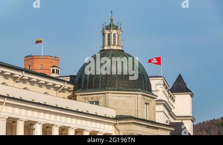 Ein Bild der Wahrzeichen von Vilnius, wie die Kuppel der Kathedrale von Vilnius, der Palast der Großfürsten von Litauen und das Gediminas-Schloss Stockfoto