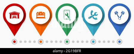Car serivce, Auto-Reparatur-Konzept Vektor-Symbol-Set, flache Design-Zeiger, Infografik Vorlage Stock Vektor