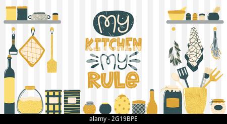 Handgezeichneter Hintergrund mit Küchengeschirr auf Regal im flachen skandinavischen Stil und Slogan - My kitchen my rule. Cute Cartoons Illustration der Küche mit Stock Vektor