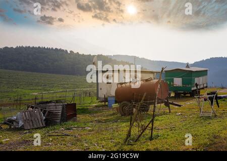 Vorübergehende Unterbringung. Abgelegenes, temporäres Haus im Wald. Einfaches und schlechtes Wohnkonzept. Stockfoto