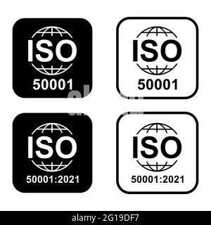 Satz mit ISO 50001-Symbol. Energiemanagement. Symbol für Standardqualität. Vektor-Button-Zeichen auf weißem Hintergrund isoliert. Stock Vektor