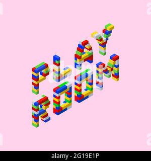 Phrase - Spielzimmer - Buchstaben aus farbigen Plastikblöcken im isometrischen Stil auf einem rosa Hintergrund. Vektorgrafik. Stock Vektor