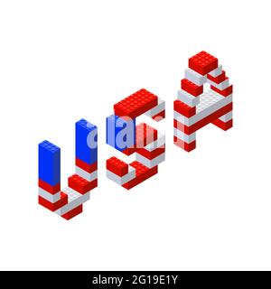 Das Wort USA - isometrische Buchstaben aus Plastikblöcken in den Farben der Flagge Amerikas auf weißem Hintergrund gesammelt. Vektorgrafik. Stock Vektor