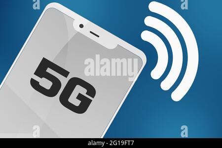 5G Text auf dem Bildschirm Smartphone, 3D-Rendering Stockfoto